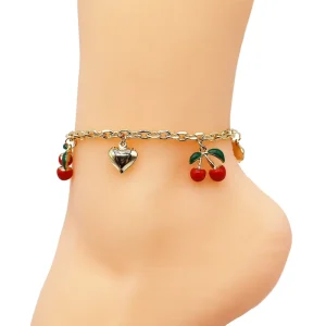 Factory 14K Gold Plated Fashion Heart Cherry Anklet Cherry Heart Anklet Women’s Gift