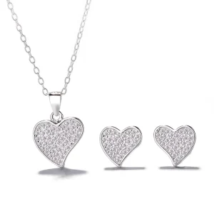 Factory 925 Solid Silver Pave Setting CZ Heart Jewelry Set for Girl