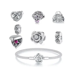 Factory 925 Sterling Silver Retro Heart Box Charm Vintage Rose Flower Bead for Women Bracelet Accessory Anniversary Jewelry Gift