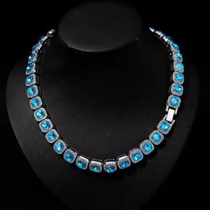 Factory Alloy Bling Iced Out Hip Hop Iced Out 12mm Blue Stone Miami Cuban Chain Necklace
