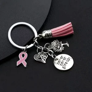 Factory Breast Cancer Awareness Pink Ribbon Key Chain Tassel Never Give up Charm Metal Bag Car Keychain