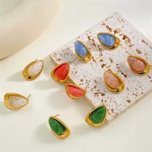 Factory Direct Fashion Simple Oval Earrings Retro High end Feeling Water Drop Resin Stainless Steel Unisex Personality All match