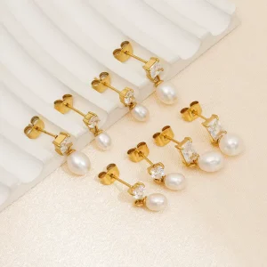Factory Direct French Style Zircon Pearl Drop Earrings Minimalist Multi Shape CZ Stainless Steel Earrings for Women