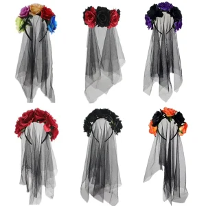 Factory Direct Halloween Fashion Headband Crown with Dark Witch Veil and Rose Flower Accents