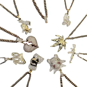 Factory Direct Hip Hop Jewelry Custom Brass Charms Heart Photo Charms Fashion 24 Inch Twist Rope Chain Gold Plated