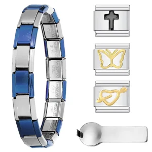 Factory Direct Modular Charm Bracelet Stainless Steel Blue Silver Link Bracelet with Opening Tool & Charms Bulk Order Available