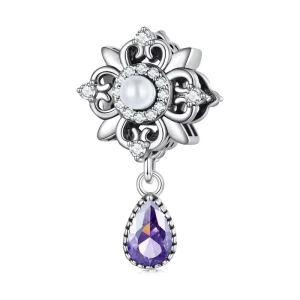 Factory Fashion Jewelry 925 Sterling Silver Fleur de lis Bead Purple Zircon Pendant Charms for Women Bracelet Necklace BSC674