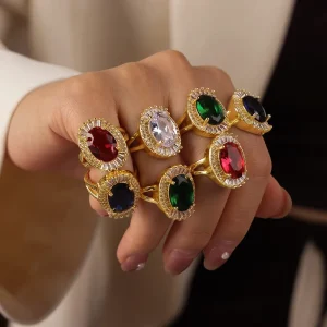 Factory Fashion Ring Gold Oval Zircon Statement Ring Chunky Colorful Gemstone Brass Ring Vintage Jewelry Wedding Gift