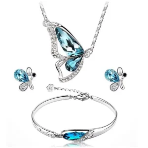 Factory Fashion Sapphire Necklace Bracelet Earrings Set Elegant Crystal Butterfly Jewelry Set for Women Girls Gift Gift
