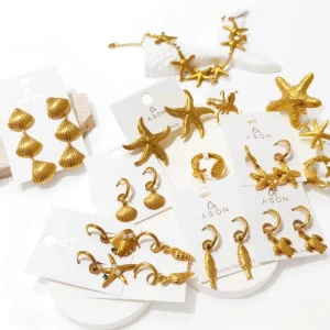 Factory Hot Sales Stainless Steel 18K Gold Plated Huggie Charm Earrings Waterproof Ocean Series Starfish Seashell Earring Set