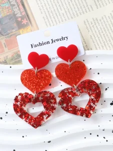 Factory Multi Layer Red Glitter Heart Dangle Earrings (Hollow Out) Sweet Valentine Style Acrylic Jewelry Hot Selling for Women