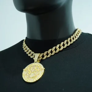 Factory New Arrival Stock 15mm Width Cuban Link Chain Hip Hop Alloy and Bling Rhinestone Round Pendant Necklace