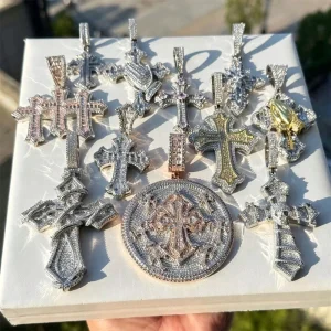 Factory OEM Brass Iced Out Cross Pendant Necklace 3D Multi Layer CZ Micro Pave Hip Hop Jewelry for Men Streetwear Buyers