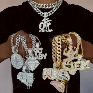 Factory Sales Alloy Rhinestone Pendant Necklace Hip Hop Cuban Chain Choker and Anniversary Gift