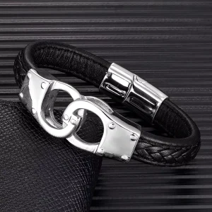 Factory Supply Men Stainless Steel Handcuffs Woven Leather Bracelet Fashion Leather Rope Bracelet