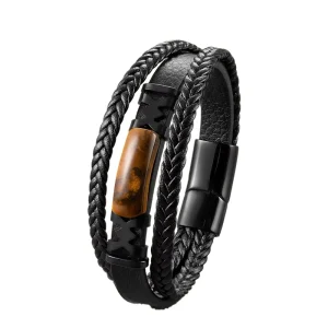Factory Supply Tiger Eye Natural Stone Genuine Leather Bracelet Magnetic Clasp for Men