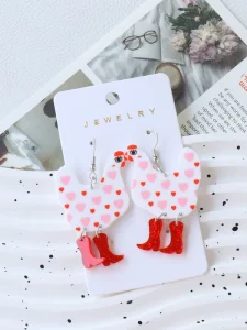 Factory Valentine’s Day Cute Chicken Red Boot Dangle Earrings Heart Pattern Acrylic Jewelry Trendy Hot Selling for Women