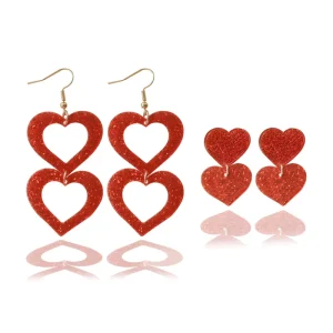 Factory Valentine’s Day Pink Glitter Double Heart Dangle Earrings Cute Acrylic Jewelry for Women