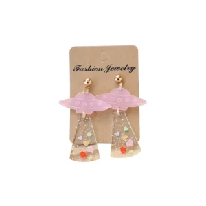 Factory Valentine’s Day Pink UFO Heart Glitter Dangle Earrings Trendy Acrylic Jewelry for Women
