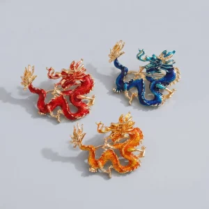 Factory Vivid Enamel Chinese Dragon Brooch Rhinestone Crystal Pin Jewelry for New Year Clothes Decor Gift