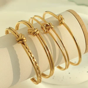 Fade resistant Retro Geometric Twist Knot Open Bangle Titanium Steel C shaped Wrist Jewelry for Vintage Daily Match