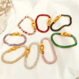 Fadeproof Colored Zircon Bracelet 18K Gold Plated Four Corner Magnetic Clasp Stainless Steel Wristband for Daily Dating