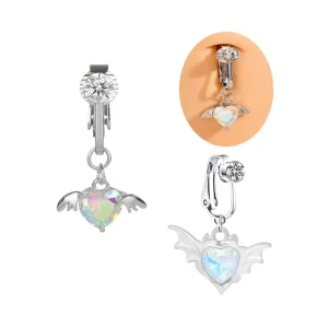 Fake Belly Button Ring Non Piercing Heart Dangle Clip on Navel Piercing Body Jewelry