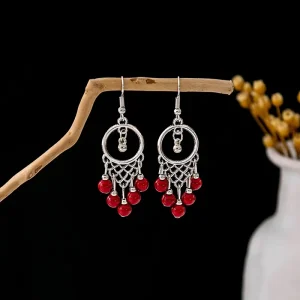 FanKe European American Bohemian Tassel Pine Zircon Alloy Drop Earrings Retro Minority Wind Personality Temperament