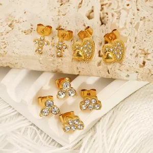 Fanke Cross Border European American Stainless Steel Stud Earrings Zircon Trendy Geometric Flowers Set for Women
