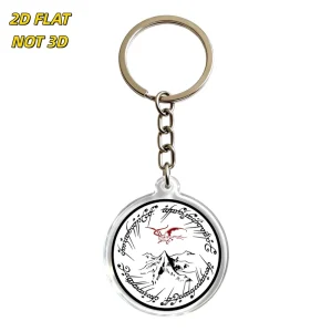 Fantasy Mountain Dragon Acrylic Keychain Circular Clear Pendant with Elvish Script Red Winged Creature Design Durable Metal Ring