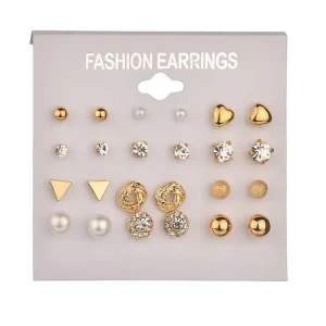 Fashion 12 Pair/set Women Square Crystal Heart Stud Earrings for Women Piercing Simulated Pearl Flower Earrings
