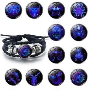 Fashion 12 Zodiac Sign Charm Leather Rope Luminous Horoscope Braided Bangles Bracelet Astrology