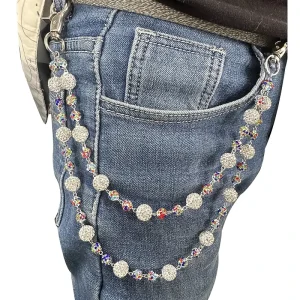 Fashion 12mm Colorful Disco Ball Layered Jeans Beaded Pants Chain Custom Handmade Rhinestone Beads Pocket Chain for Men Women