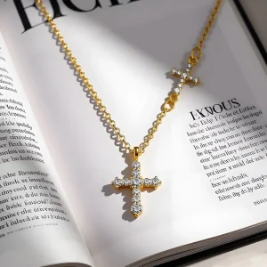 Fashion 14K Gold Plated Cross Necklace Shiny Cubic Zircon Cross Pendant Necklace for Women Jesus Religious Christian Jewelry