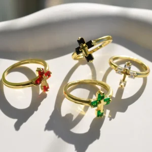 Fashion 14k Gold Plated Minimalist Christianity Women Men Hip Hop Vintage Zircon Double Cross Ring Costume Religion Jewelry