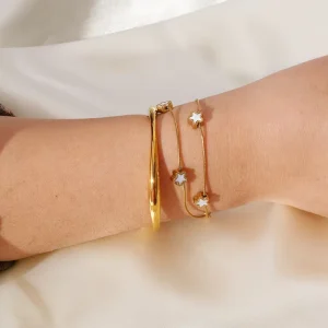 Fashion 18K Gold PVD Double Layer Stainless Steel Five pointed Star Shaped White Shell Inlaid Women Bracelet Adjustable Jewelry