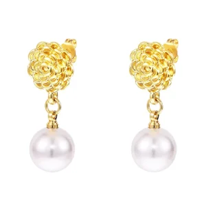 Fashion 18K Gold Plated Copper Rose Flower Pearl Dangle Earrings French Vintage Drop Stud Earrings Waterproof Luxury Jewelry