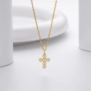 Fashion 18K Gold Plated Cross Pendant With Cubic Zirconia Fine 925 Sterling Silver Necklace Jewelry Women