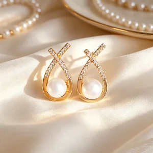 Fashion 18K Gold Plated Crossover Freshwater Pearl Earrings Elegant CZ Paved Teardrop Stud Jewelry for Women Bridal Jewelry