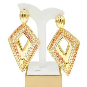 Fashion 18K Gold Plated Rhombus Earrings Tri Color Beaded Hollow Dangle Earring for Women Wedding EK0262