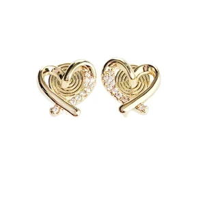 Fashion 18K Gold Plated Spiral Clip-On Earrings with Paved Zircon Double Heart Design for Party