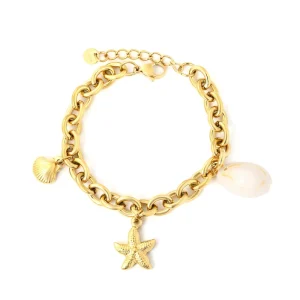 Fashion 18K Gold Plated Stainless Steel Bracelet Ocean Series Jewelry Chunky Cuban Link Starfish Shell Charm Bracelet for Women