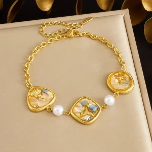 Fashion 18K Gold Plated Stainless Steel Bracelet Waterproof Geometric Square Rectangle Shell Jewelry for Women