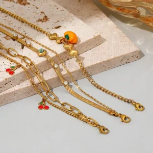 Fashion 18K Gold Plated Stainless Steel Cherry Orange Charm Bracelet Casual Elegant Beach Style Chain Bracelets TGSL5587