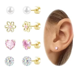 Fashion 18K Gold Plated Stainless Steel Earrings for Women Cute Studs with Heart Zircon Pearl & Flower Design
