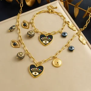 Fashion 18K Gold Plated Stainless Steel Heart Pendant Jewelry Set with Necklace and Bracelet Jewelry Set