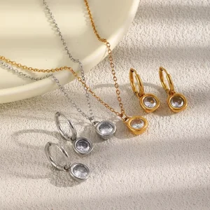 Fashion 18K Gold Plated Stainless Steel Irregularly Round Zircon Necklace and Earring Jewelry Set