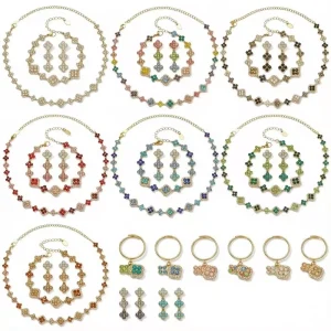 Fashion 18K Gold Plated Stainless Steel Jewelry Sets for Women Colored Zircon Clover Bracelet Necklace Earrings and Rings Set