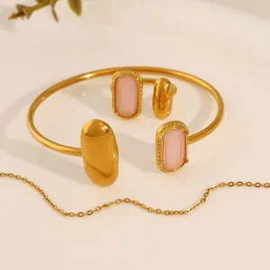 Fashion 18K Gold Plated Stainless Steel Open Cuff Bangle with Pink Cat’s Eye Stone Adjustable Statement Bracelet