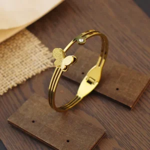 Fashion 18K Gold Plated Stainless Steel Women’s Trendy Butterfly shaped Crystal Fade resistant Luxury Bracelet Gift